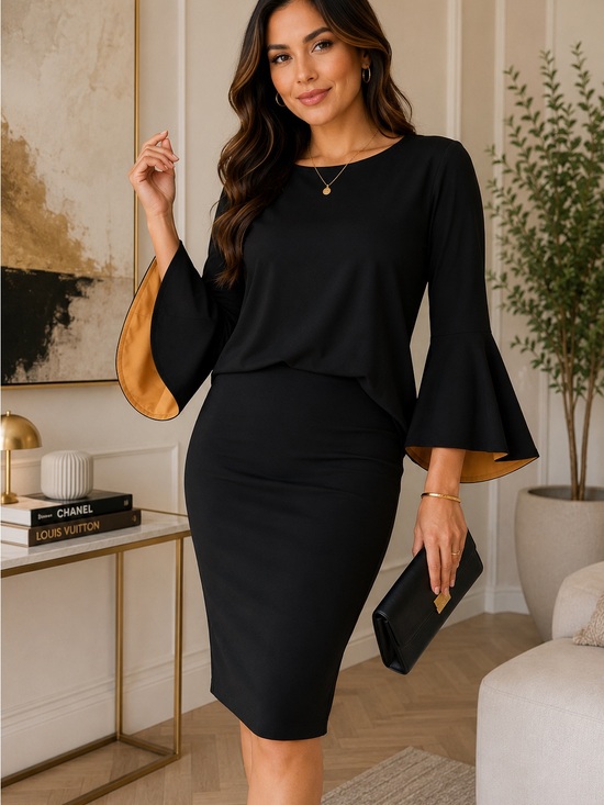 Susan Graver Tops - Susan Graver 1X Black Bell Sleeve Top Gold Contrast Liquid Knit Plus Size